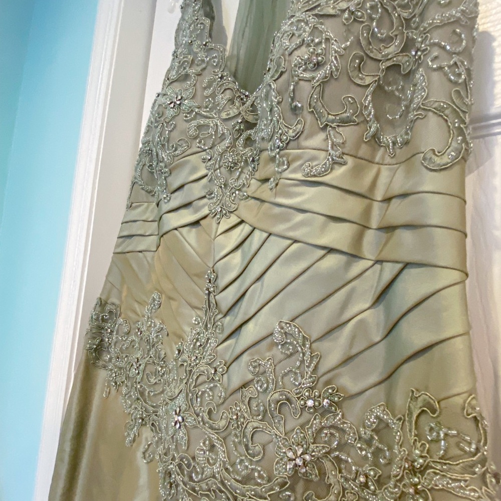 Montage by Mon Cheri Olive Green Embellished V-Neck Evening Dress - Picture 3 of 7